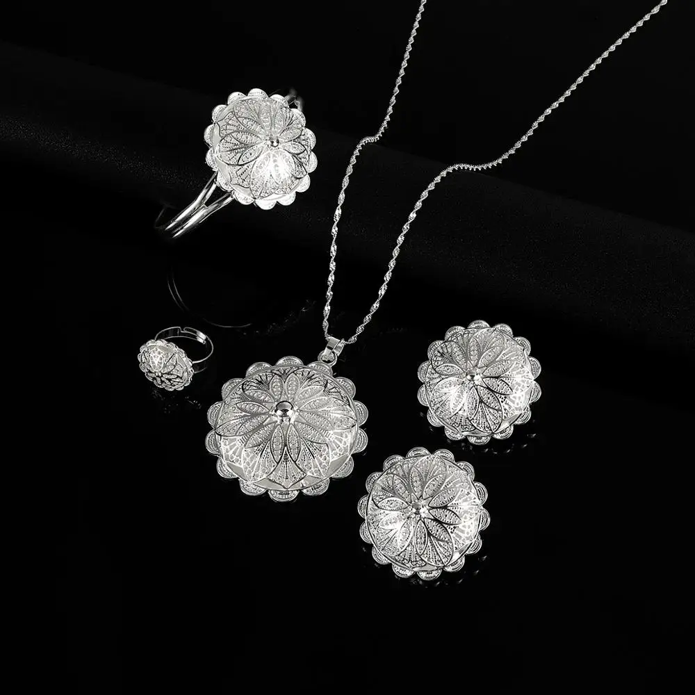 

Ethiopian Jewelry Sets Pendant Necklaces Earrings Ring Bangles for Womens Eritrea African Flower Bride Gift
