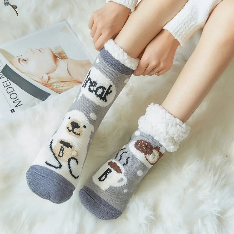 3 Pairs Fuzzy Socks Cartoon Winter Plush Non Slip Sleeping Fluffy Kawaii Cute Funny Female Womens Short Slipper Sock Christmas