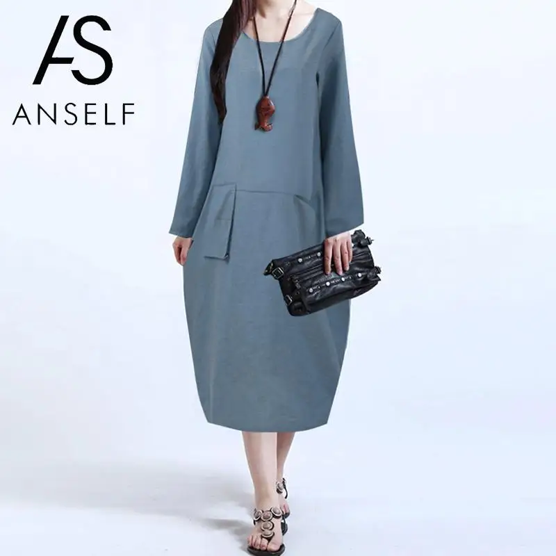 Женское платье средней длины ANSELF винтажное в этническом стиле с длинным рукавом