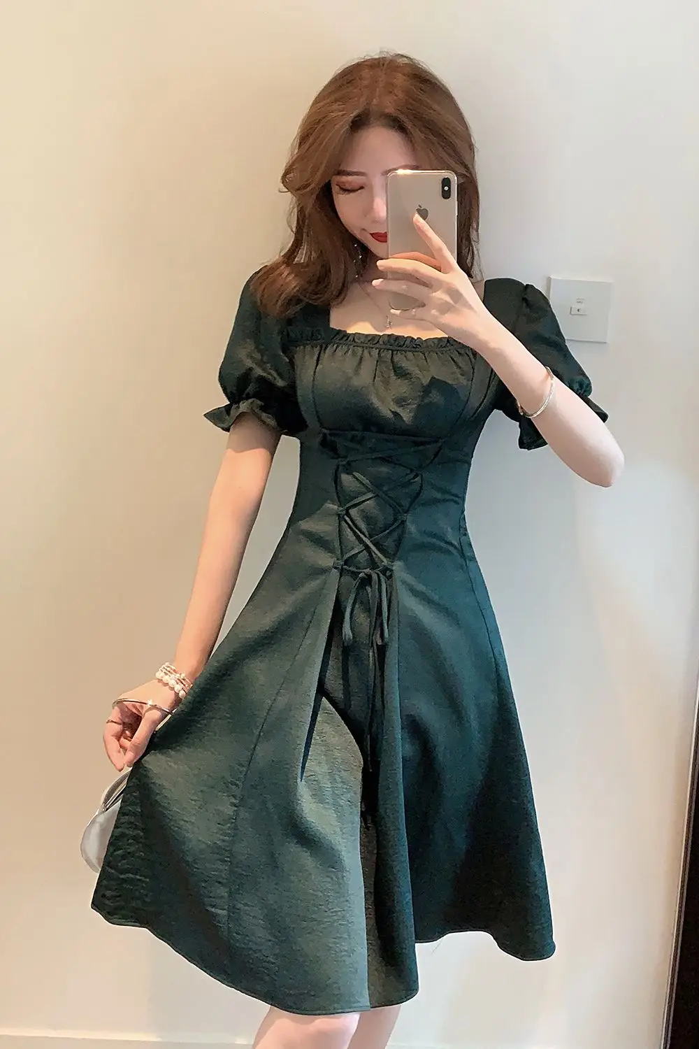 

COIGARSAM French Style Women dress New High Waist Dresses Dark Green 3181
