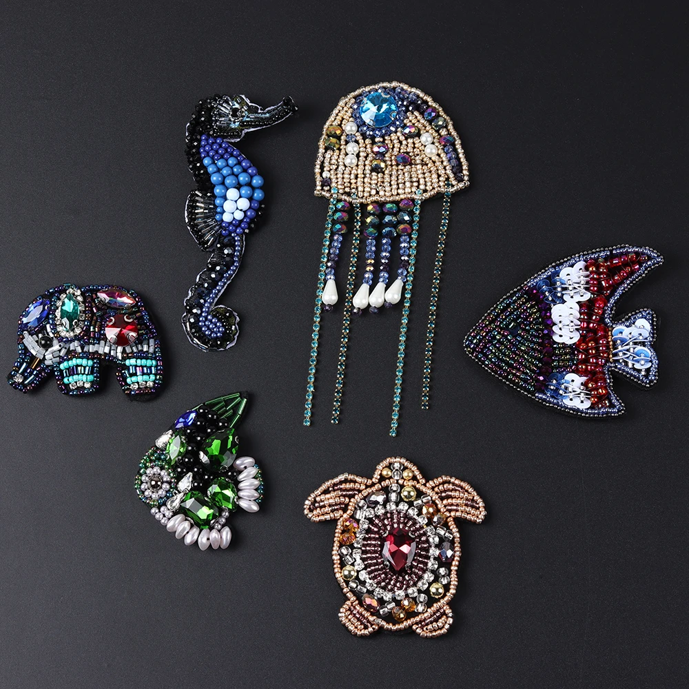 

Beaded Rhinestone Elephant Jellyfish Tortoise Patch for Clothes Sewing on Beading Applique Brooch Crystal Patches for Jacket Bag