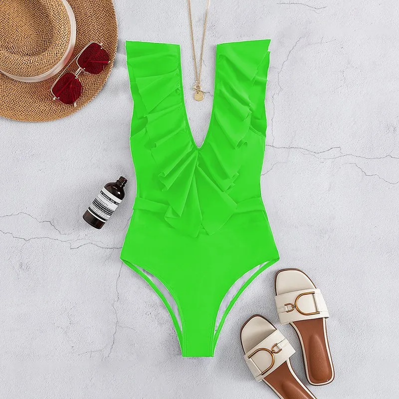 Неоновый цвет Цельный купальник с оборками женский купальный костюм V-образным
