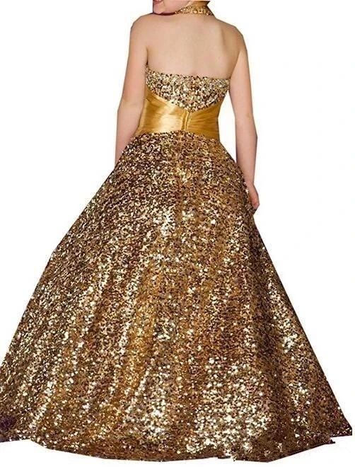 

Gold Girls Pageant Dresses For Weddings Ball Gown Halter Sequins Beaded Sparkle Long Flower Girl Dresses For Little Girls
