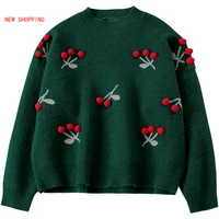 xmas cute 3d cherry sweaters knitted crocheted sweater winter women jumpers christmas pullovers long sleeved crop tops red green