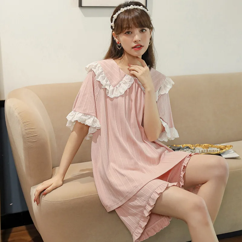 Fdfklak 2Pcs Women's Pajamas Sets Woman Pyjama Short Sleeved 2022 Summer Thin Korean Fashion Home Clothing Loose Homewear
