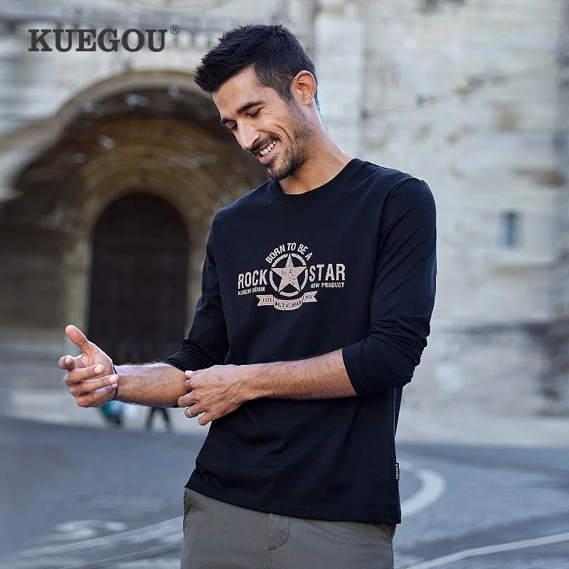 

KUEGOU 100% Cotton 2020 autumn T-shirt men Streetwear printing tshirt fashion Men's t shirt long sleeve top plus size ZT-88051