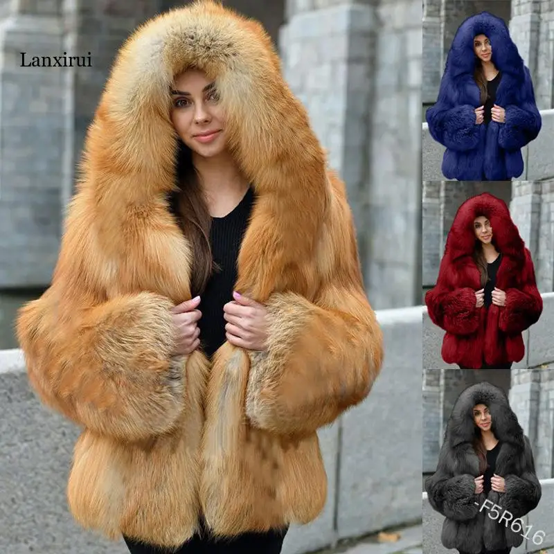 Winter Women Faux Rabbit Fur Coat Hooded Female Super Soft Elegant Thick Warm Outerwear Fake Fur Jacket Artificial