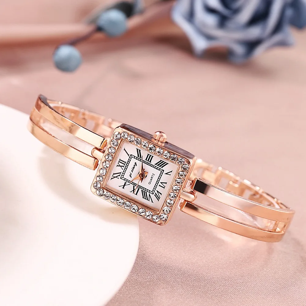 Простые Женские часы Стразы с квадратным циферблатом из нержавеющей стали