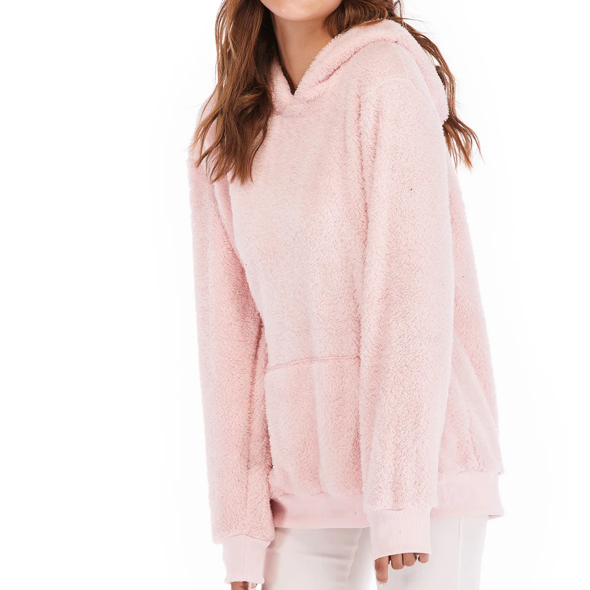 2019 Осень Зима Мода Шерсть Feece негабаритных балахон розовый теплый флис | Женская