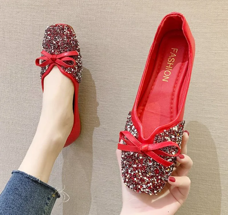 

Flat Shoes Pu Leather Fashion Butterfly-knot Women Flats Bling Woman Shoes Ladies Soft Sole Square Toe Bling Shoes on Sale