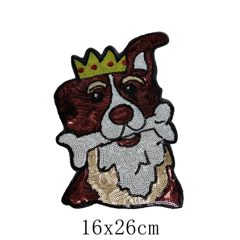 

3D Animal Dog With Crown Sequins Patch Eatting Boon Dog Cartoon Patches For Clothing Stickers