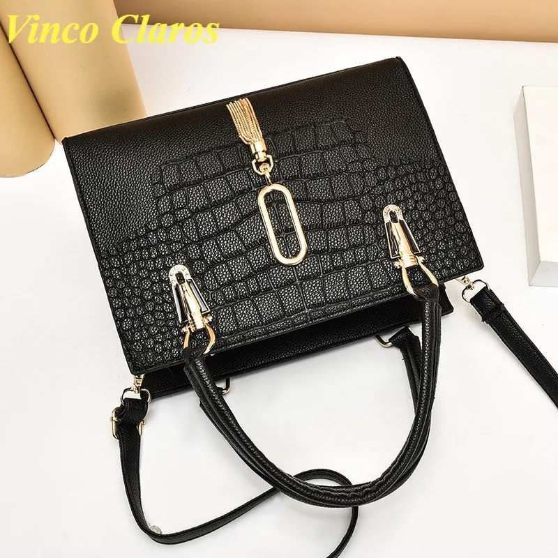 

Crocodile Alligator Pattern Handbags with Tassel Luxury PU Leather Shoulder Crossbody Bag Women Large Sac A Main Purse Bolsos