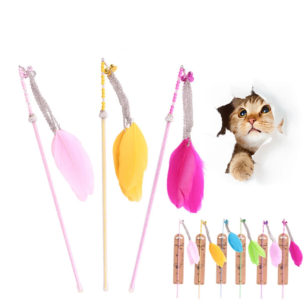 

Plastic Cat Teaser Stick Kitten Interactive Scratching Play Toy Colorful Feather Bells Long Rod Funny Cat Wand Cats Supplies