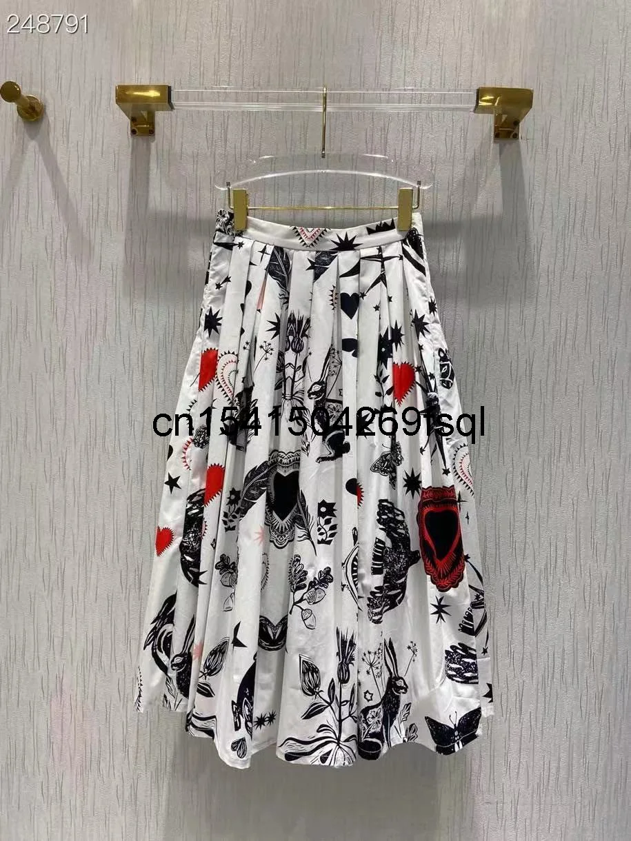 

New 2021 New Runway Designer Autumn Midi Skirt Women's Elegant Flower Print Bohemian Pleated Cotton Skirt Female