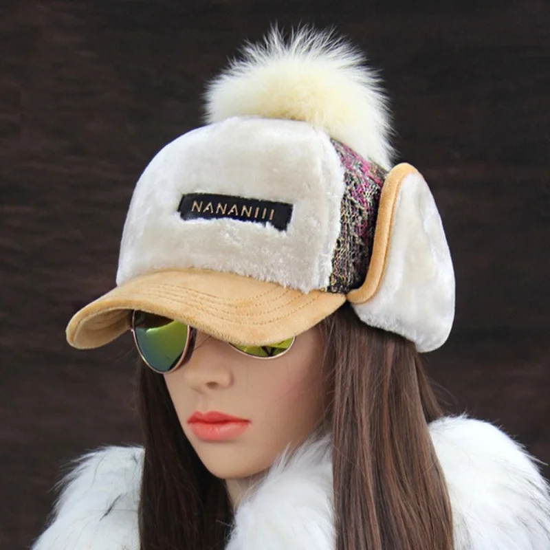 

Winter Faux Cashmere Bomber Hat Women Earflap Caps Faux Fur Pompom Snow Hats Adjustable
