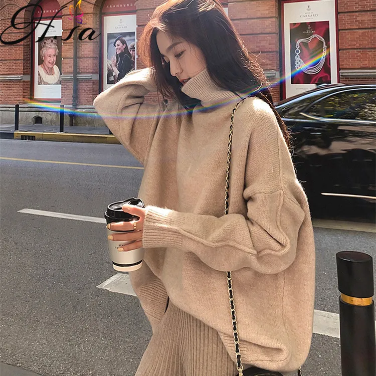 

H.SA 2020 Autumn Winter Woman Sweaters Oversized Turtleneck Pull Jumpers Khaki Sweater Tops Thick Warm Knitwear Winter Cashmere