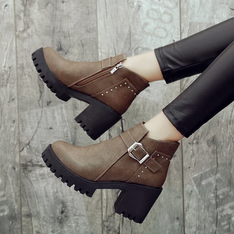 

High Quality Soft Leather Autumn and Winter Short Boots Women's Shoes Thick Heel Boots High Heel Plus Cashmere Cotton Boots
