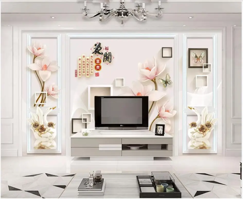 

3d обои WDBH, фото на заказ, тисненые, цветок магнолии, лебедь, пейзаж, комната, домашний декор, 3d настенные фрески, обои для стен 3 d