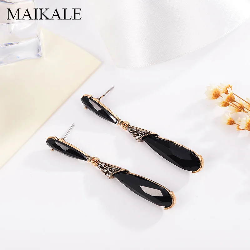 Серьги MAIKALE Vintage Big Crystal Drop для женщин с черным камнем-каплей из родированного металла со золотым и серебряным оттенком. Экстравагантный подарок на каждый день.