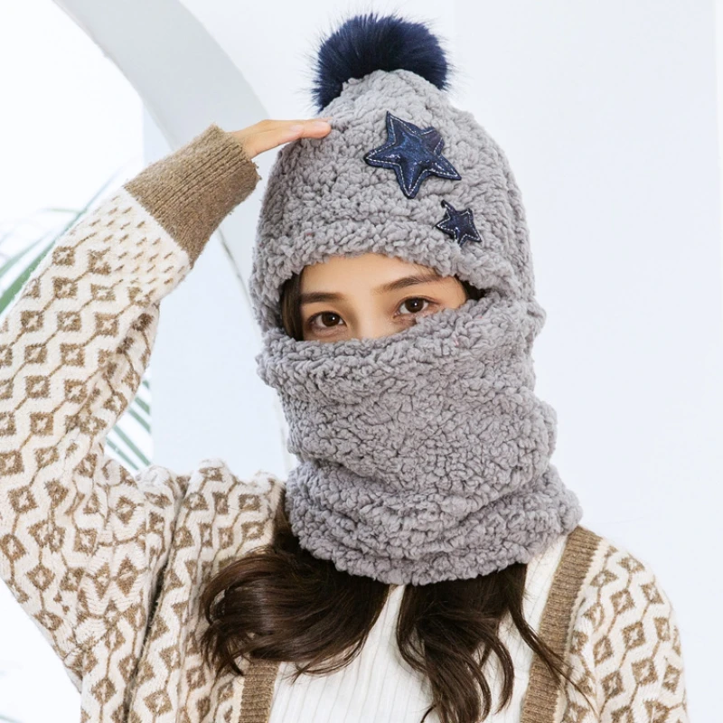 

Fashion Winter Cute Hat Women's Thickness Plush Beanies Keep Warm Protection Scarf Ear Sweet Turban Cap Skullies for Girls Women