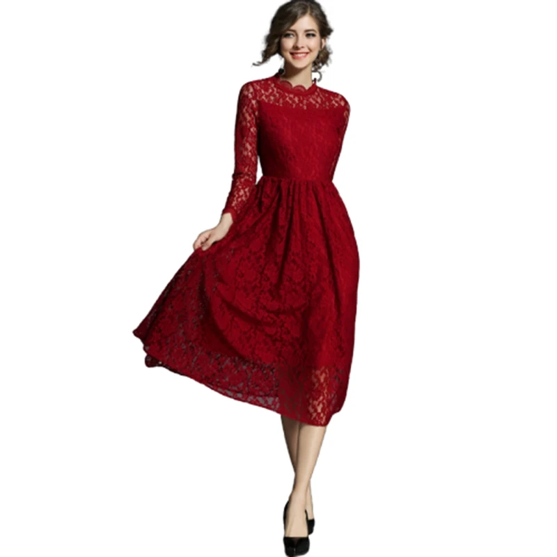 Women Vintage Lace Medium Long Party Dress Women's Spring Autumn Elegant Stand Collar Casual Dresses Red High Waist Vestidos | Женская
