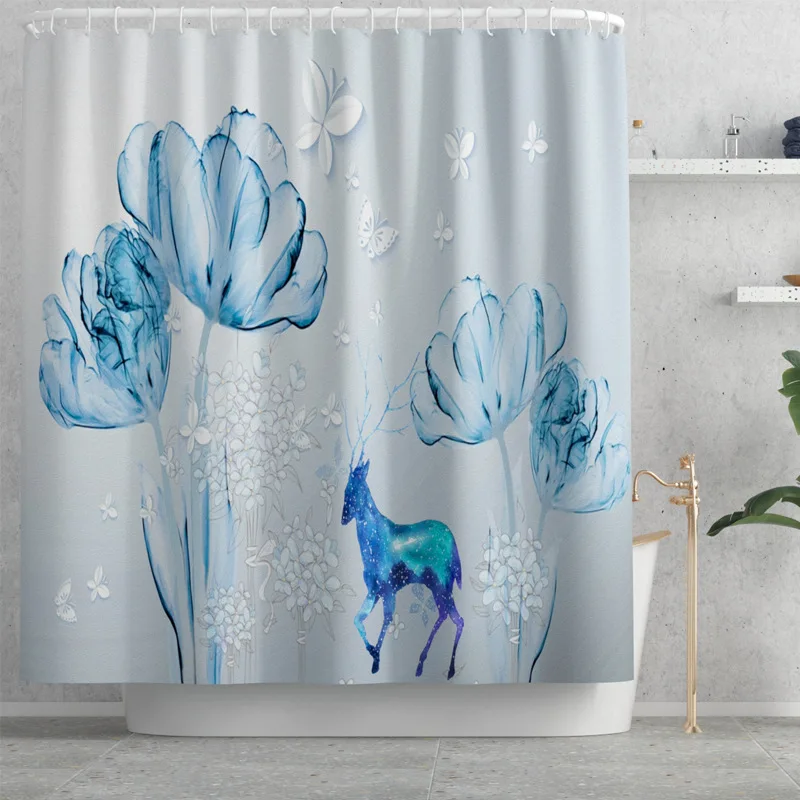 Светильник-голубая душевая занавеска из полиэстера с принтом лося s цветы для