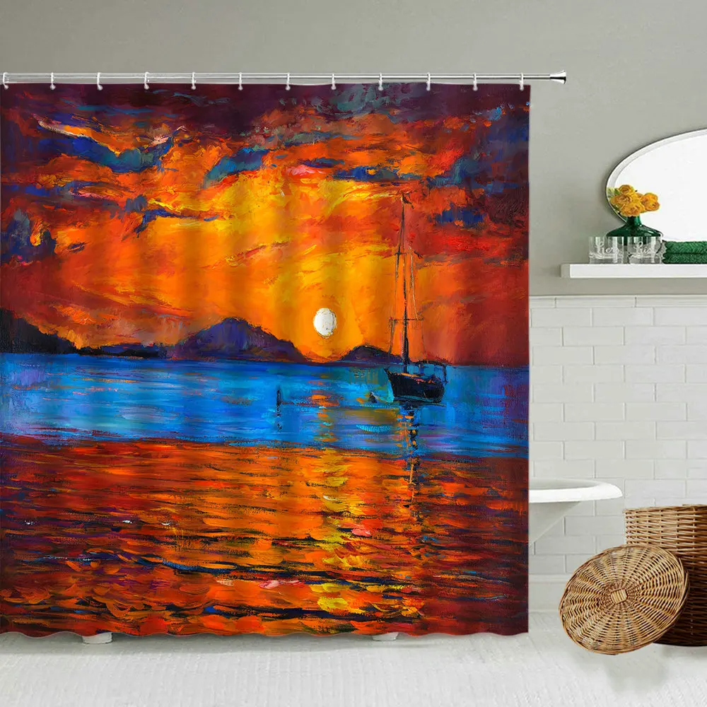 

Oil Painting Sunrise Sunset Ocean Natural Scenery Shower Curtain European Style Living Room Modern Bathroom Screen Washable Set