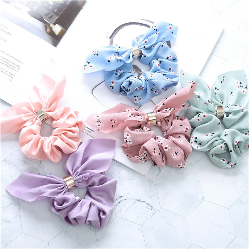 

New Fashion Cute Flower Rabbit Ears Bow Headband Hair Scrunchie Hairband Elastic Scrunchy Hair Ties Girls Hair Accessories