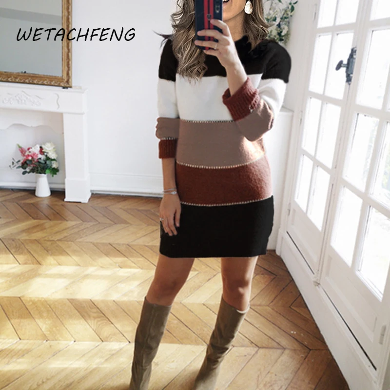 

Sweater Dress Plus Size Knitted Striped Slim Mini Women's Dress Long Sleeve Spring Party Slim Sexy Ladies 2021 Clothing Vestido