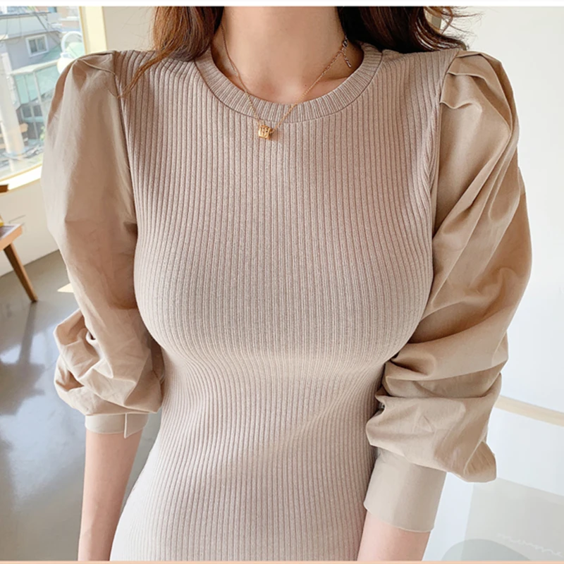 Осень-зима 2020 Новое корейское стильное вязаное платье с круглым вырезом и