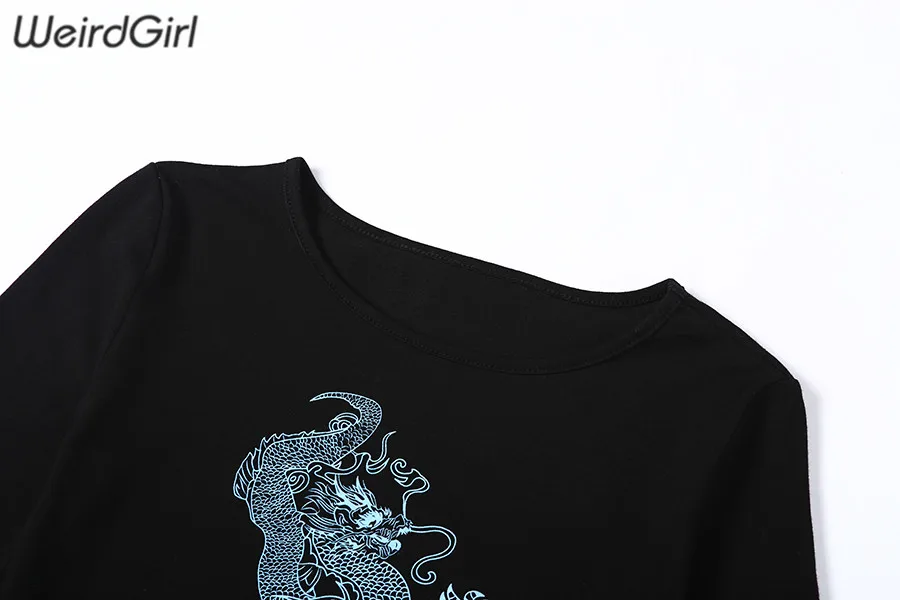 Weirdgirl, женские футболки с принтом дракона, модные, с круглым вырезом, с длинным рукавом, тонкие, Harajuku, женские топы, Новое поступление, Осенние футболки