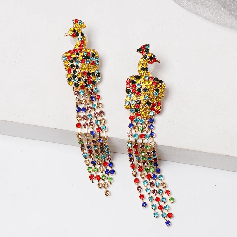 Висячие серьги Стразы с разноцветным павлином кристаллами бахромой длинные