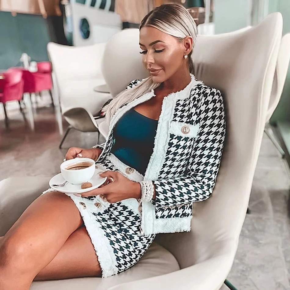 Ailigou Winter New Women'S Houndstooth Tweed 2 Sets Of Sexy Long-Sleeved Round Neck Button Coat+ Skirt Vestidos Party Suit