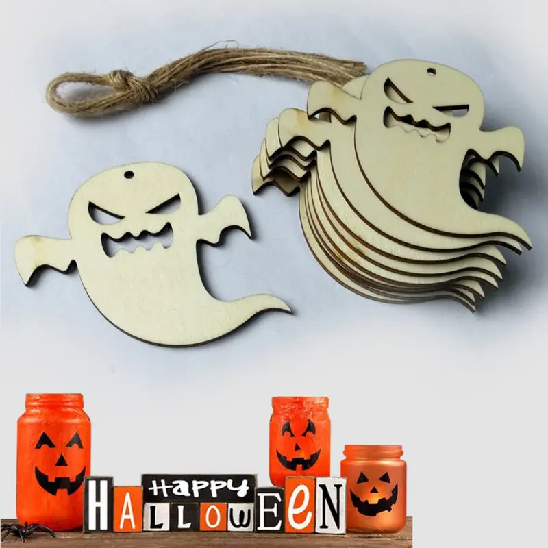 

10PCS Wood Slices Halloween Decoration Wood Pumpkin Ghost Cat Bat Shape Crafts Pendant Ghost Festival Hanging Ornament Props #