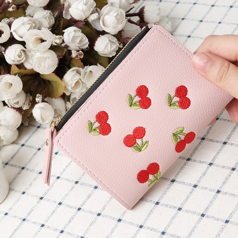 JIULIN Cherry Embroidery Short Wallet for Women Girl Mini Cute Coin Purse Card ID Holder Female Small Leather Money | Багаж и сумки