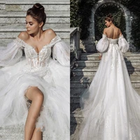 bohemian wedding dress way off the shoulder appliques top puffy sleeves bridal gown robe de mariee vestido de noiva