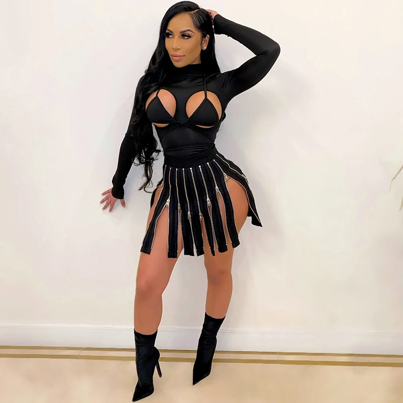 

Cut Out Front Sexy Women Bodysuit Bandage Hollow Out Long Sleeve Skinny Rompers Fashion Active Wear Black Autumn Bodycon Overall