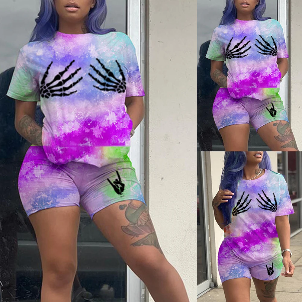 

Ladies Short Sleeve Top Short Sets Female Skull Printed Palm Gradient Multicolor Set 2021 Summer Street Wear Casual Sets D30