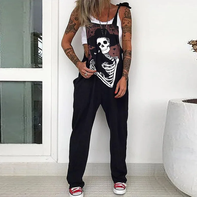 

Vintage Skull Pattern Print Women Jumpsuit 2021 Summer Button Overalls Bodysuit Autumn Sleeveless Sling Romper Pocket Playsuits
