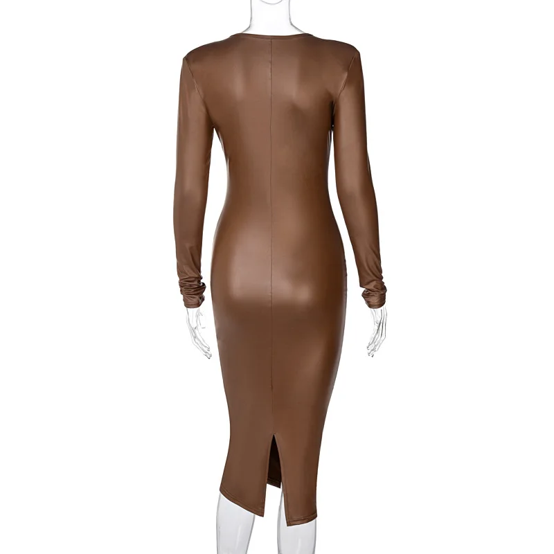

Colysmo Leather Dress V Neck Long Sleeve Black Robe Woman Long Dress Ladies Elegant Fashion Casual Sexy Party Bodycon Vestidos