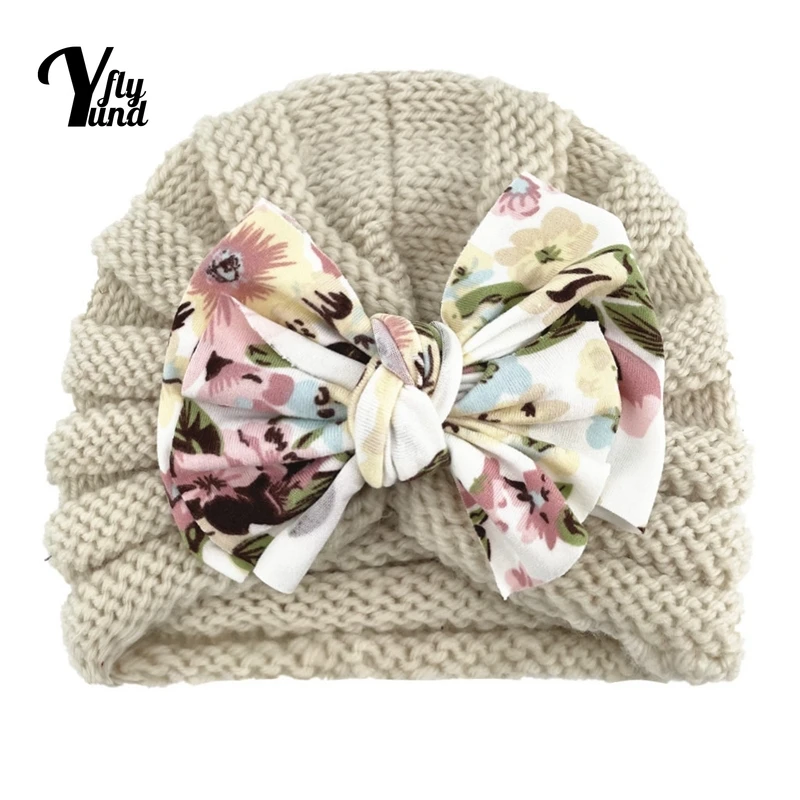 Yundfly estampado Vintage Bowknot sombreros de beb&eacute; del oto&ntilde;o y el invierno de la moda caliente tejer gorras de lana de los ni&ntilde;os sombreros Ropa Decoraci&oacute;n-3