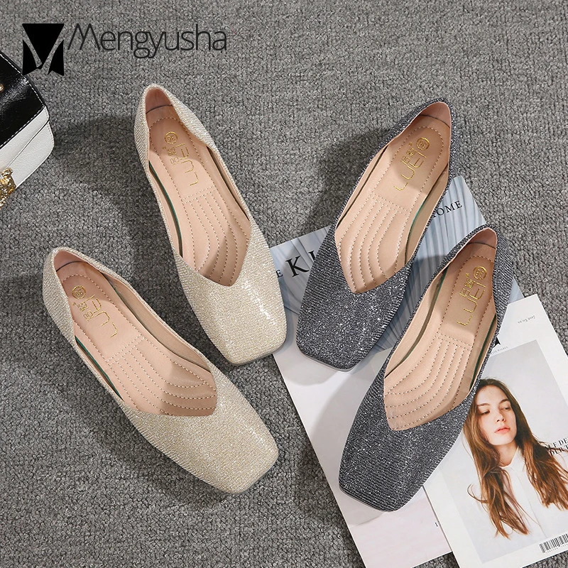 Блестящая Тканевая обувь на плоской подошве с квадратным носком женская