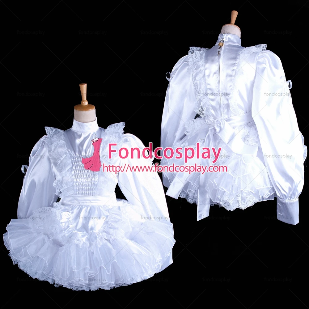 

fondcosplay adult sexy cross dressing sissy maid short lockable white Satin lace dress apron costume Tailor-made[G1627]