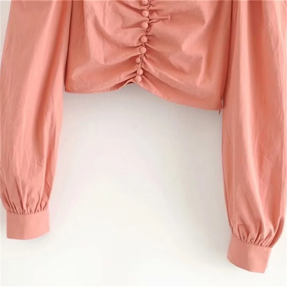 

2020 summer new women's fitted body V-neck fashion lantern sleeves comfortable thin simple solid color temperament shirt