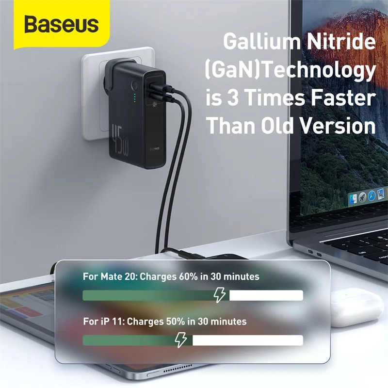 Внешний аккумулятор Baseus GaN на 10000 мА · ч 2 в 1 зарядное устройство USB 45 Вт PD быстрая