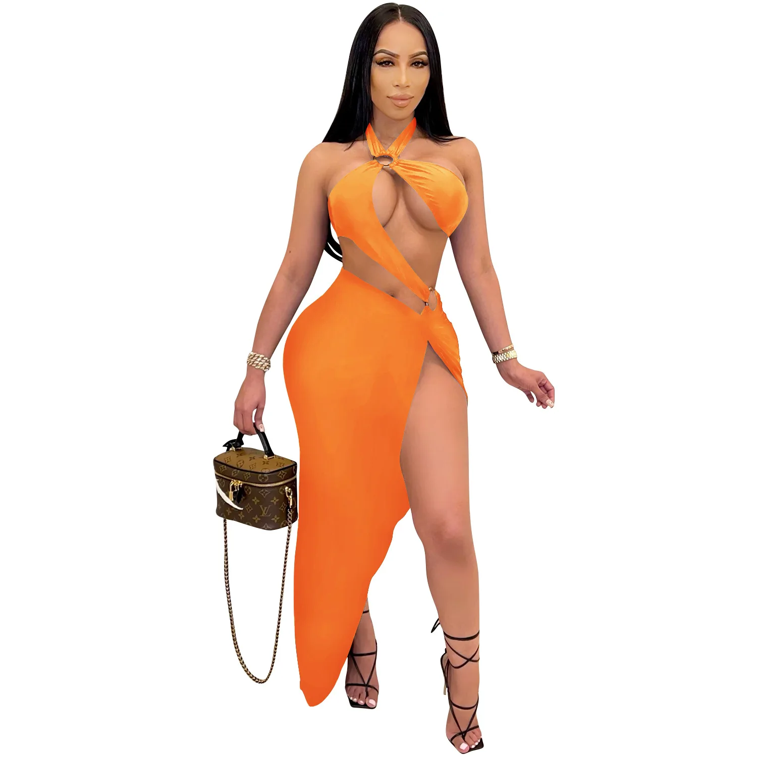 

Cutubly Summer Two Piece Outfits Sets Sexy Clubwear Solid Two Piece Sets Hollow Out Sleeveless Women Skirt Set Fashion 2021