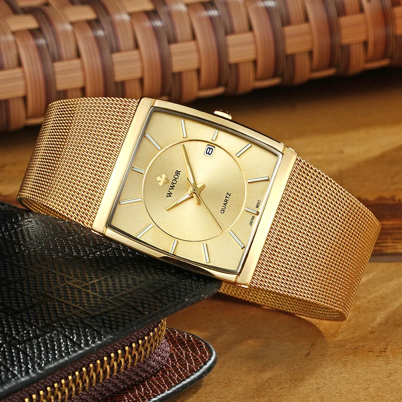 Japan Quartz Movement Watches Mens WWOOR Top Brand Luxury Ultra Thin Gold Steel Mesh Watch For Men Square Waterproof Wrist Watch