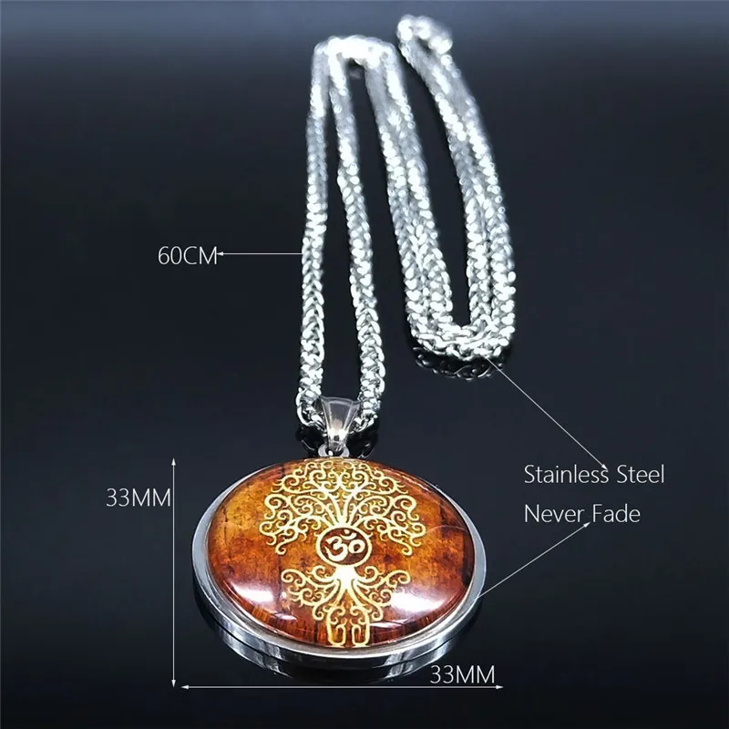 

2021 Yoga Tree of Life Glass Stainless Steel Necklaces Women Silver Color Long Chain Necklace Jewelry cadenas para hombre NXS03