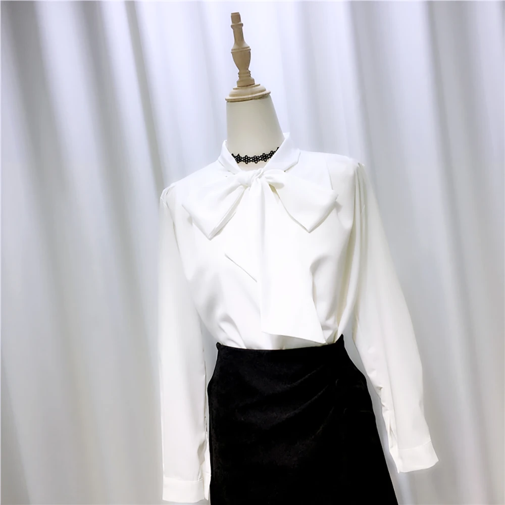 

Fashion Spring Autumn Bow Chiffon Blouses Long Sleeve White Black Shirts For Women Straight Loose Baggy S-XL Tops