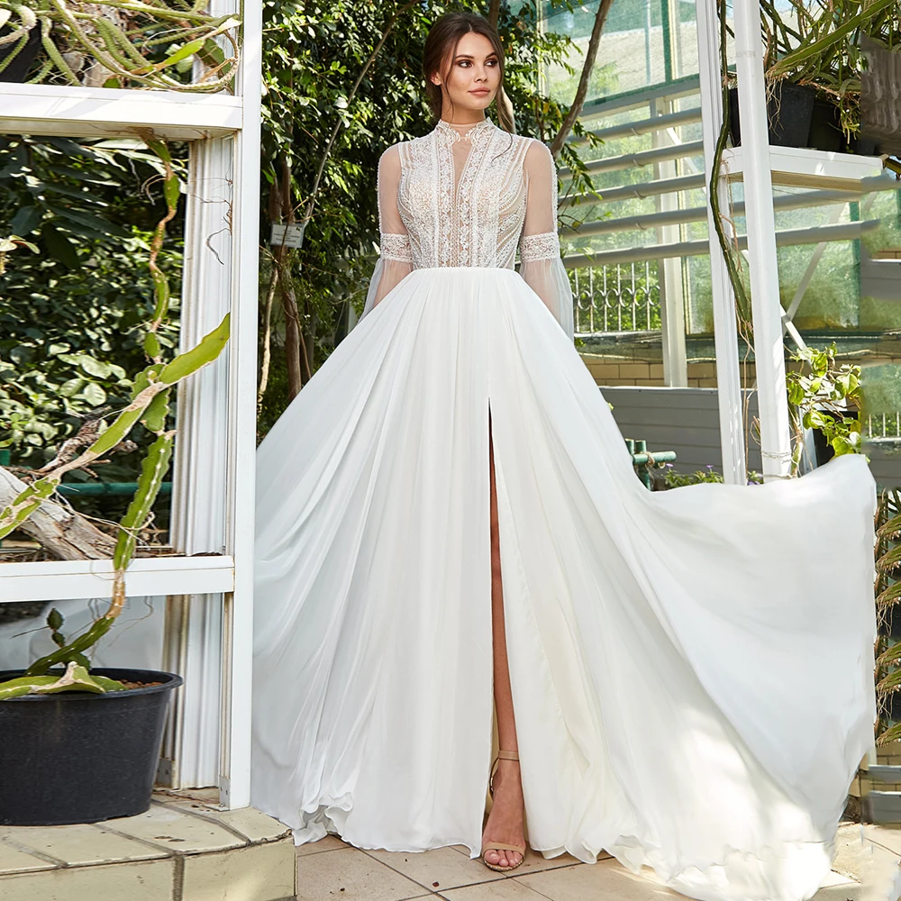 

2021 Sexy Wedding Dress with Slit See-through Long Sleeves Lace High Neck Chiffon A Line Bridal Dresses